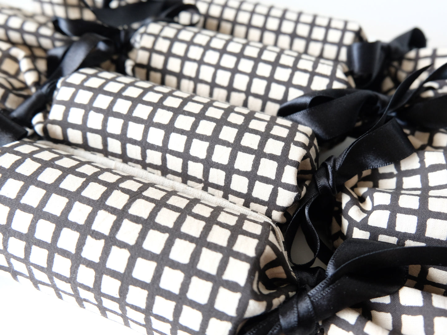 close up of grid print fabric for our luxury Christmas crackers 